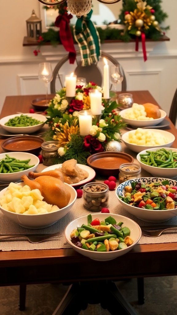 Budget-Friendly Christmas Dinner Ideas A festive Christmas dinner table with roast chicken, mashed potatoes, green bean casserole, and decorations.